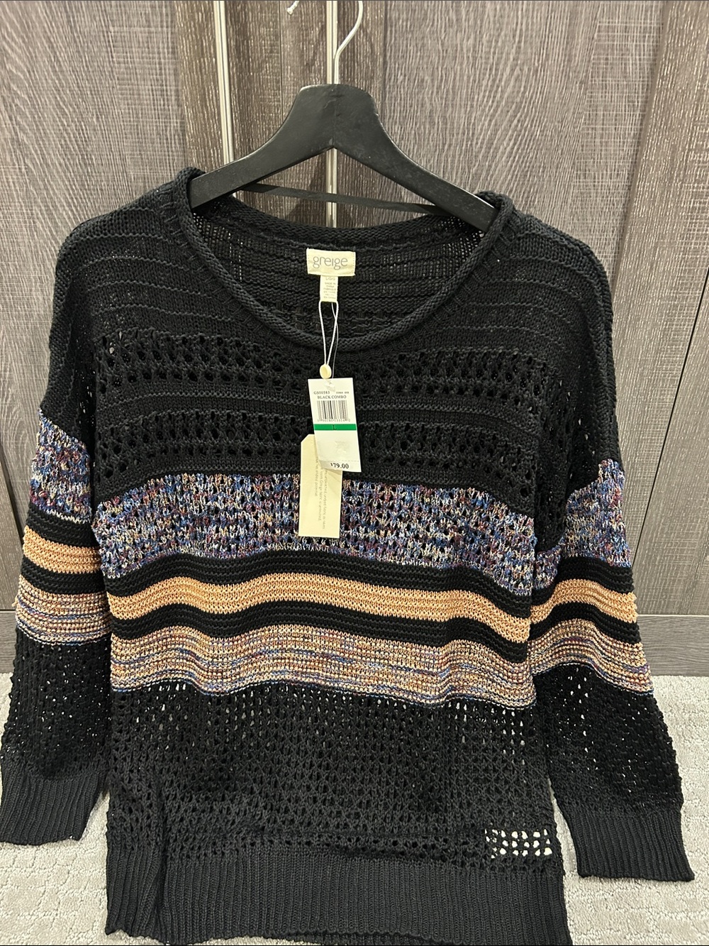 Greige Black Crewneck Striped Open-Knit Sweater